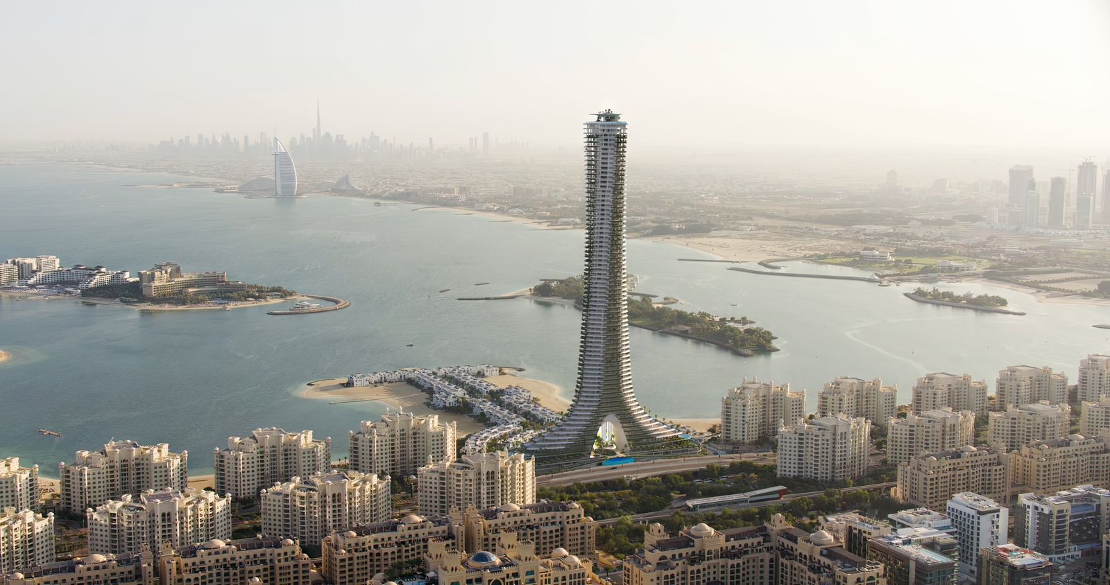Sculptural tower silhouette above Palm Jumeirah