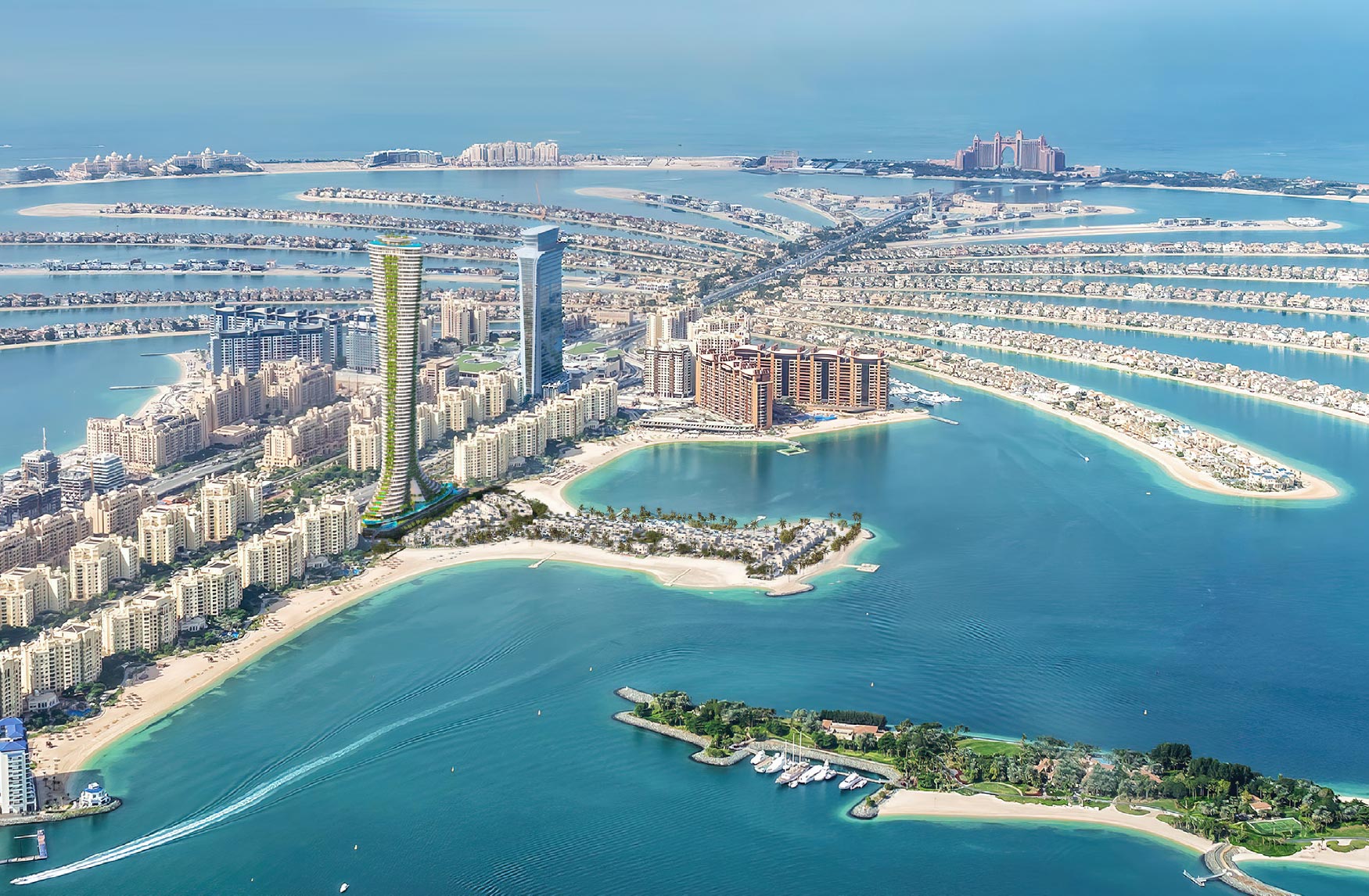 Aerial view of Palm Jumeirah at golden hour