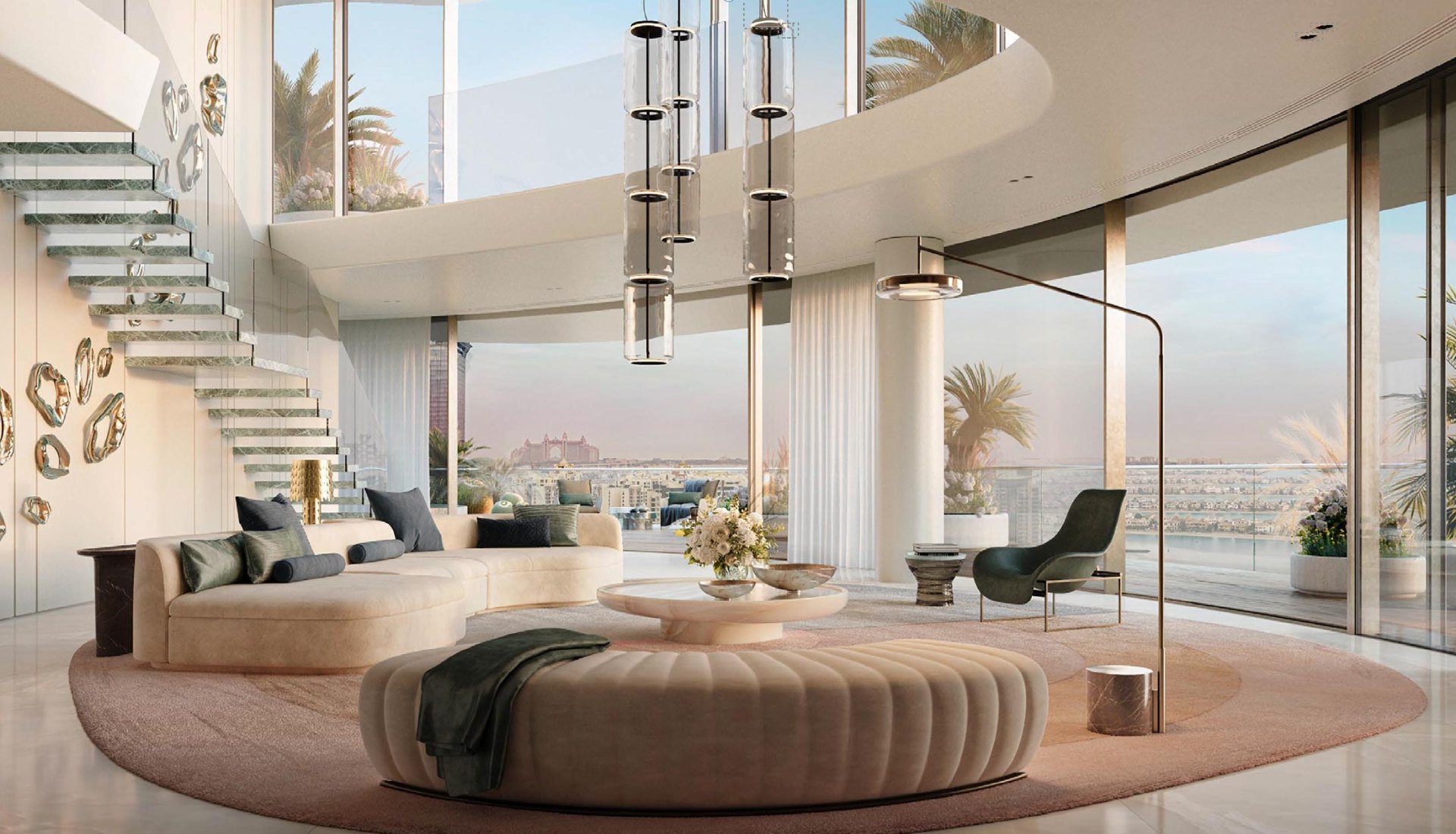 Double-height living room with floating glass staircase