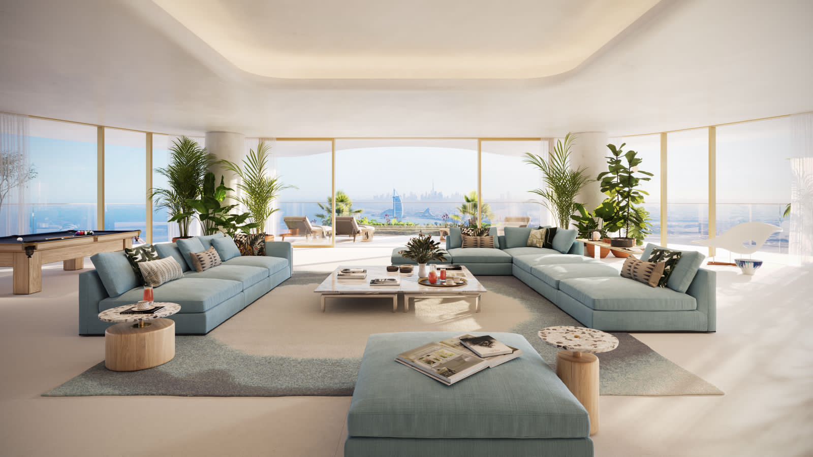 Open lounge with billiards and skyline view