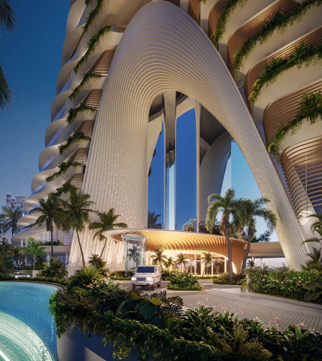 Grand architectural archway porte-cochère arrival
