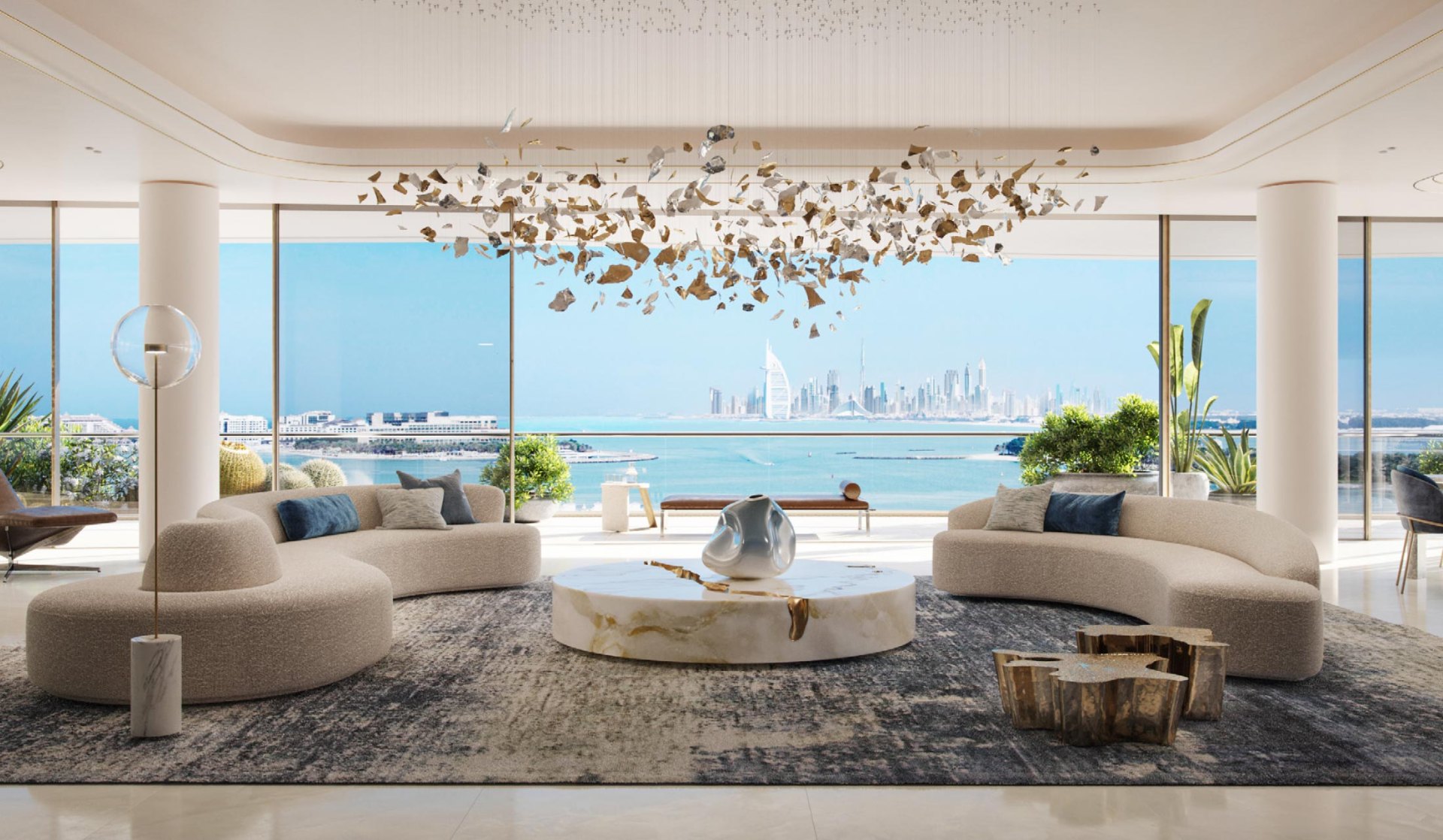 Grand living room with sculptural chandelier and skyline