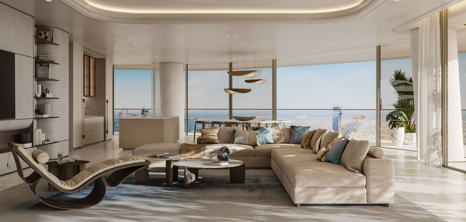 Panoramic living room with sculptural chaise
