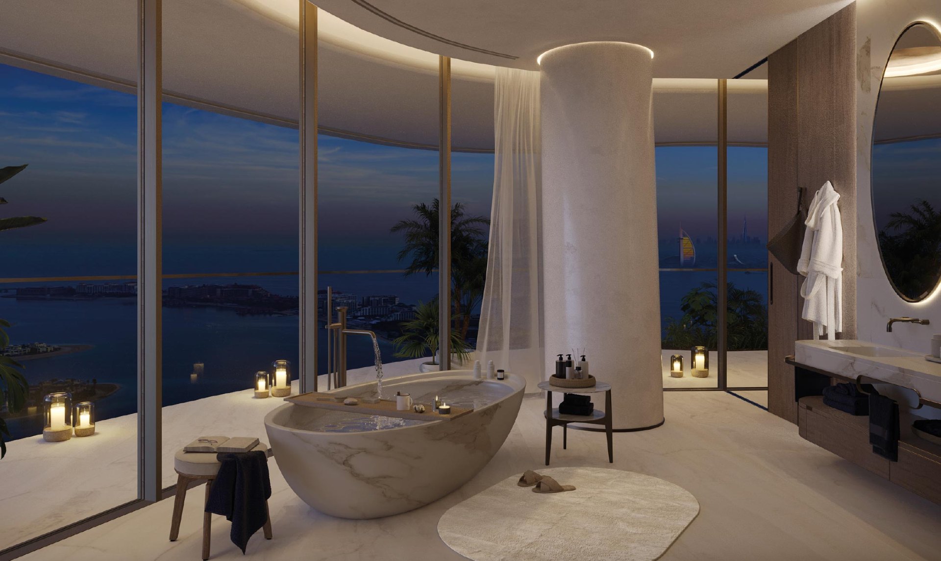 Sculptural marble tub at dusk overlooking the sea