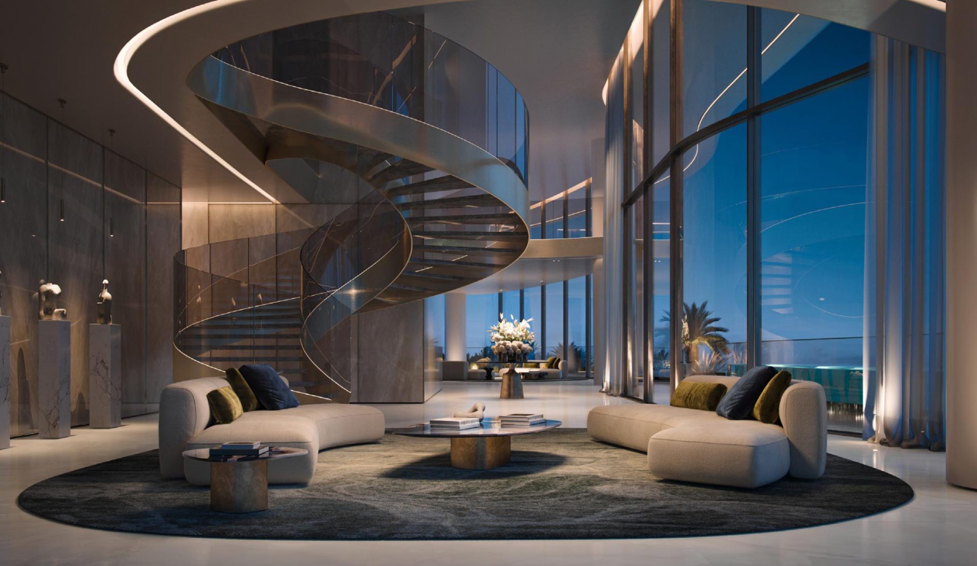 Sculptural bronze spiral staircase